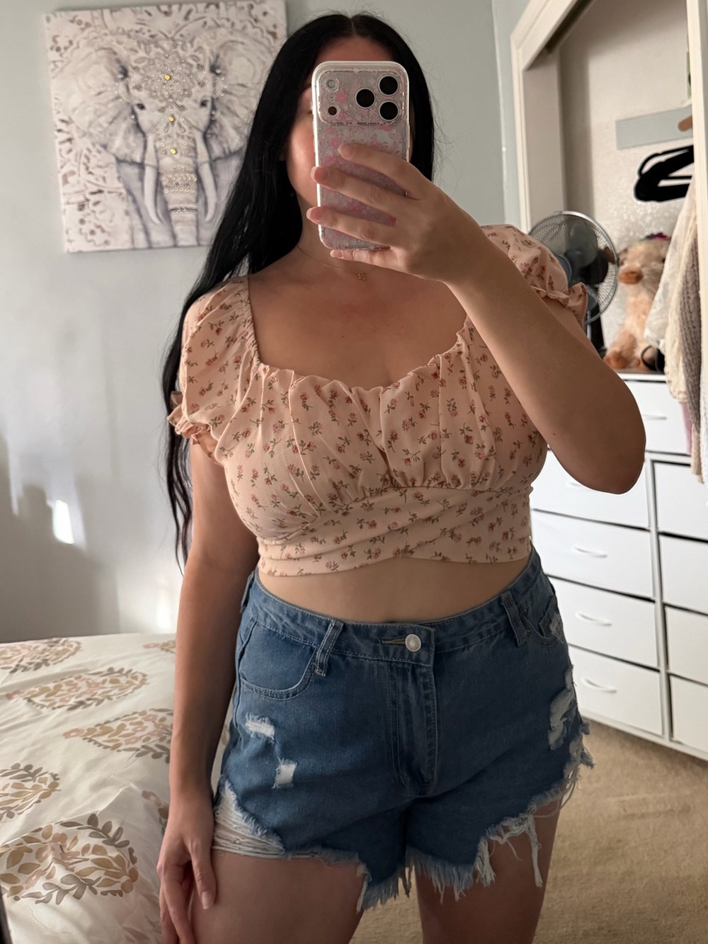 Floral Peachy Pink Tie-Back Puff Sleeve Crop Top L Large